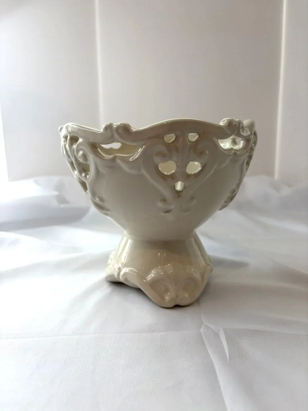 Vintage Cream Pedestal Bowl Pierced Openwork Rim Ornate Footed Compote MCM